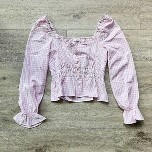 Mine Pink Gingham Top Womens Small Long Sleeves Buttons Smocked Nwot